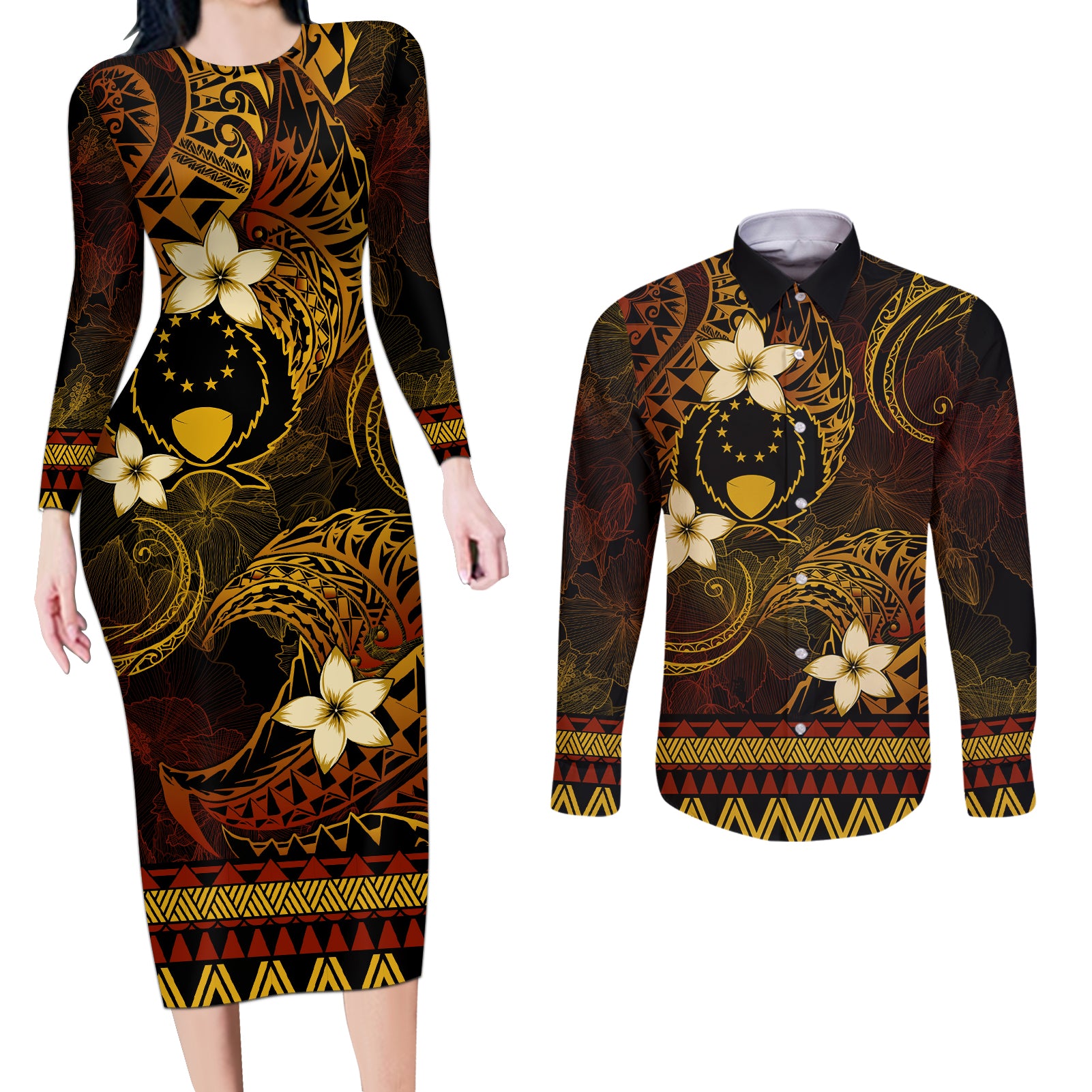 FSM Pohnpei State Couples Matching Long Sleeve Bodycon Dress and Long Sleeve Button Shirt Tribal Pattern Gold Version LT01 Gold - Polynesian Pride