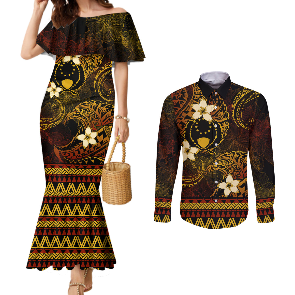 FSM Pohnpei State Couples Matching Mermaid Dress and Long Sleeve Button Shirt Tribal Pattern Gold Version LT01 Gold - Polynesian Pride