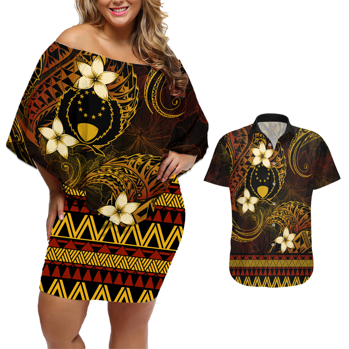 FSM Pohnpei State Couples Matching Off Shoulder Short Dress and Hawaiian Shirt Tribal Pattern Gold Version LT01 Gold - Polynesian Pride