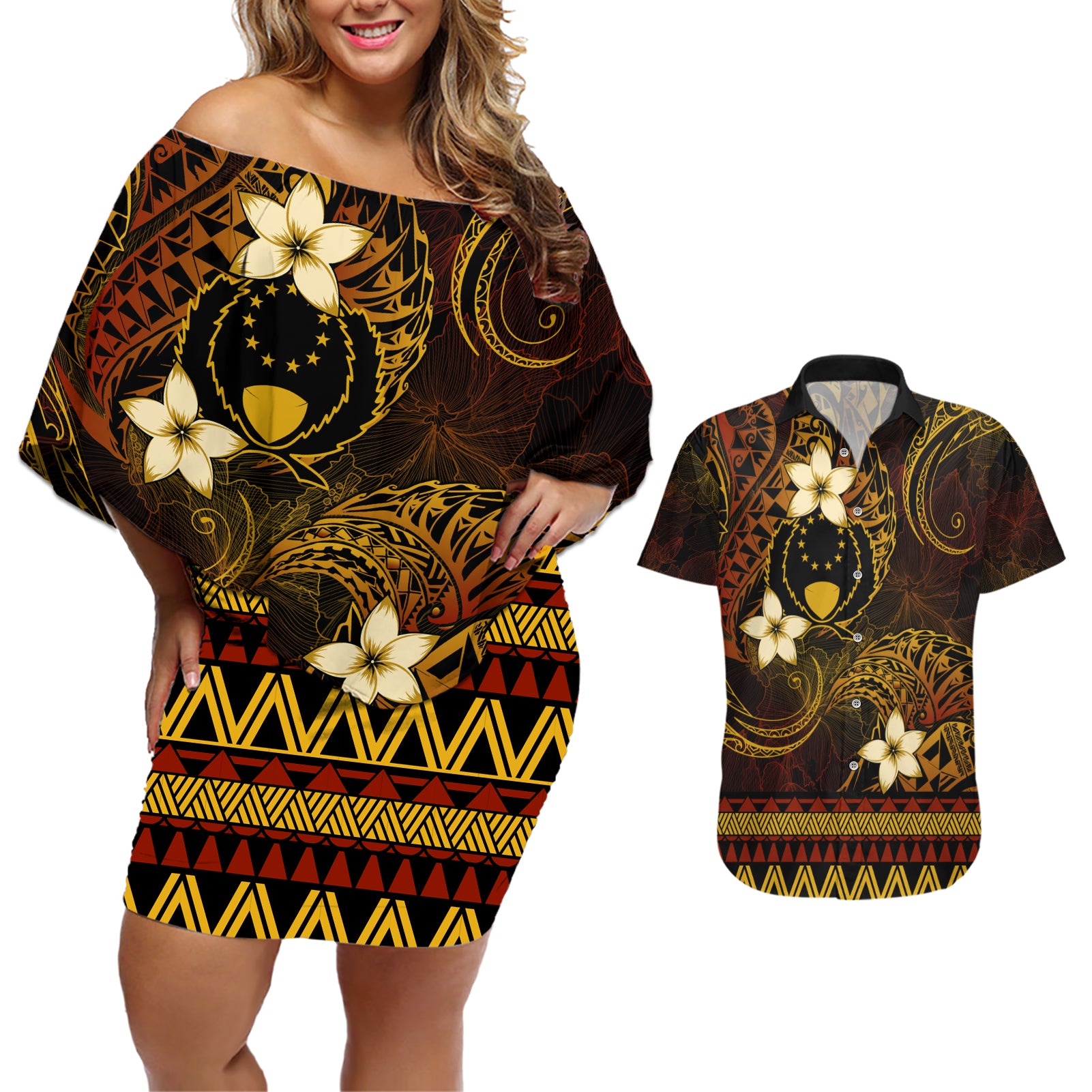 FSM Pohnpei State Couples Matching Off Shoulder Short Dress and Hawaiian Shirt Tribal Pattern Gold Version LT01 Gold - Polynesian Pride