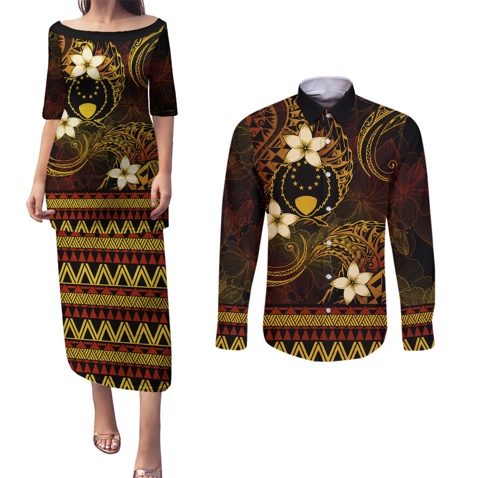 FSM Pohnpei State Couples Matching Puletasi and Long Sleeve Button Shirt Tribal Pattern Gold Version LT01 Gold - Polynesian Pride
