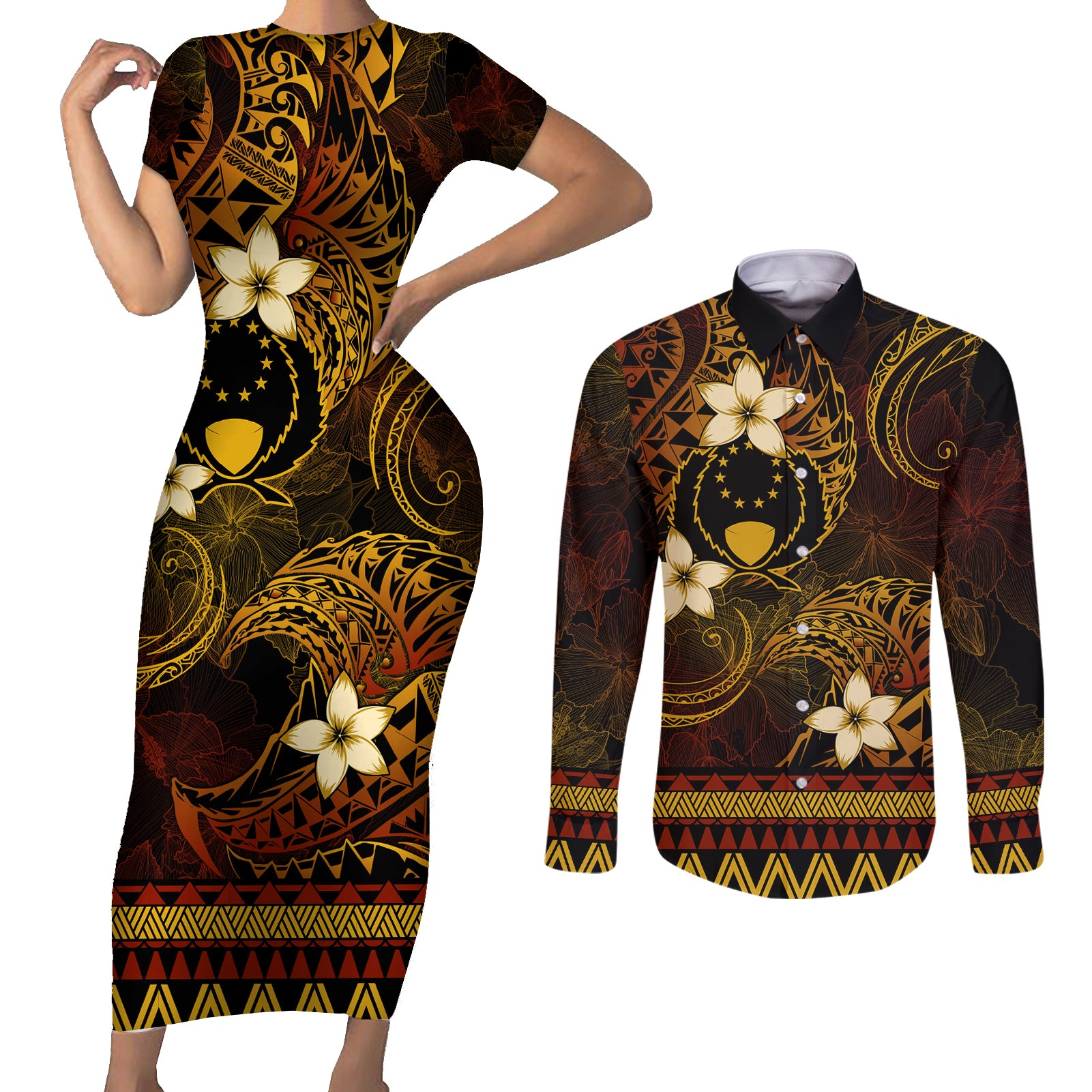 FSM Pohnpei State Couples Matching Short Sleeve Bodycon Dress and Long Sleeve Button Shirt Tribal Pattern Gold Version LT01 Gold - Polynesian Pride