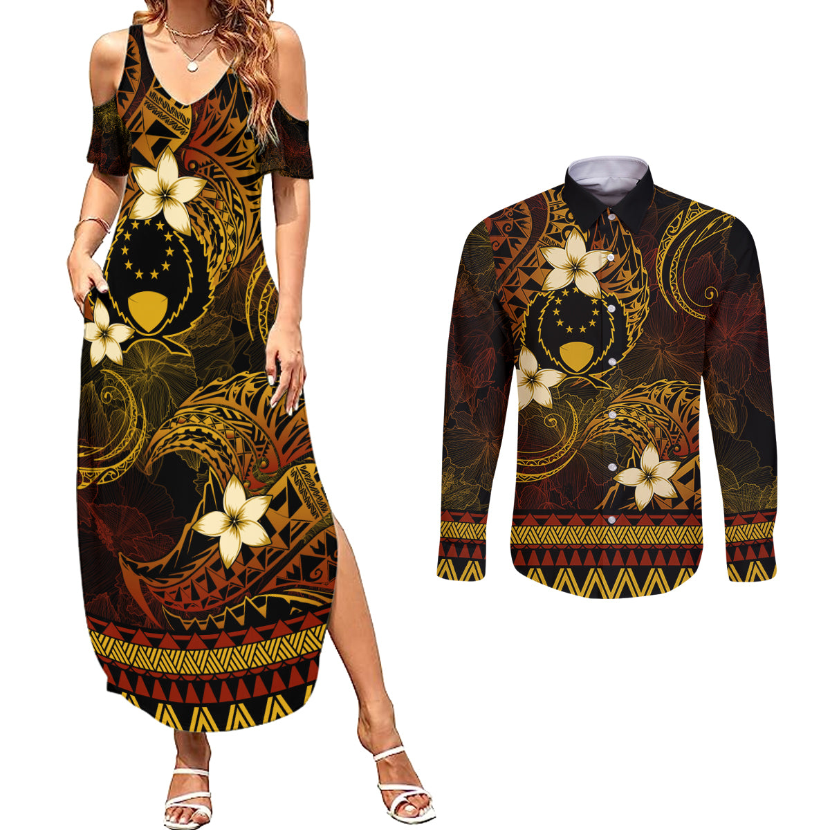 FSM Pohnpei State Couples Matching Summer Maxi Dress and Long Sleeve Button Shirt Tribal Pattern Gold Version LT01 Gold - Polynesian Pride