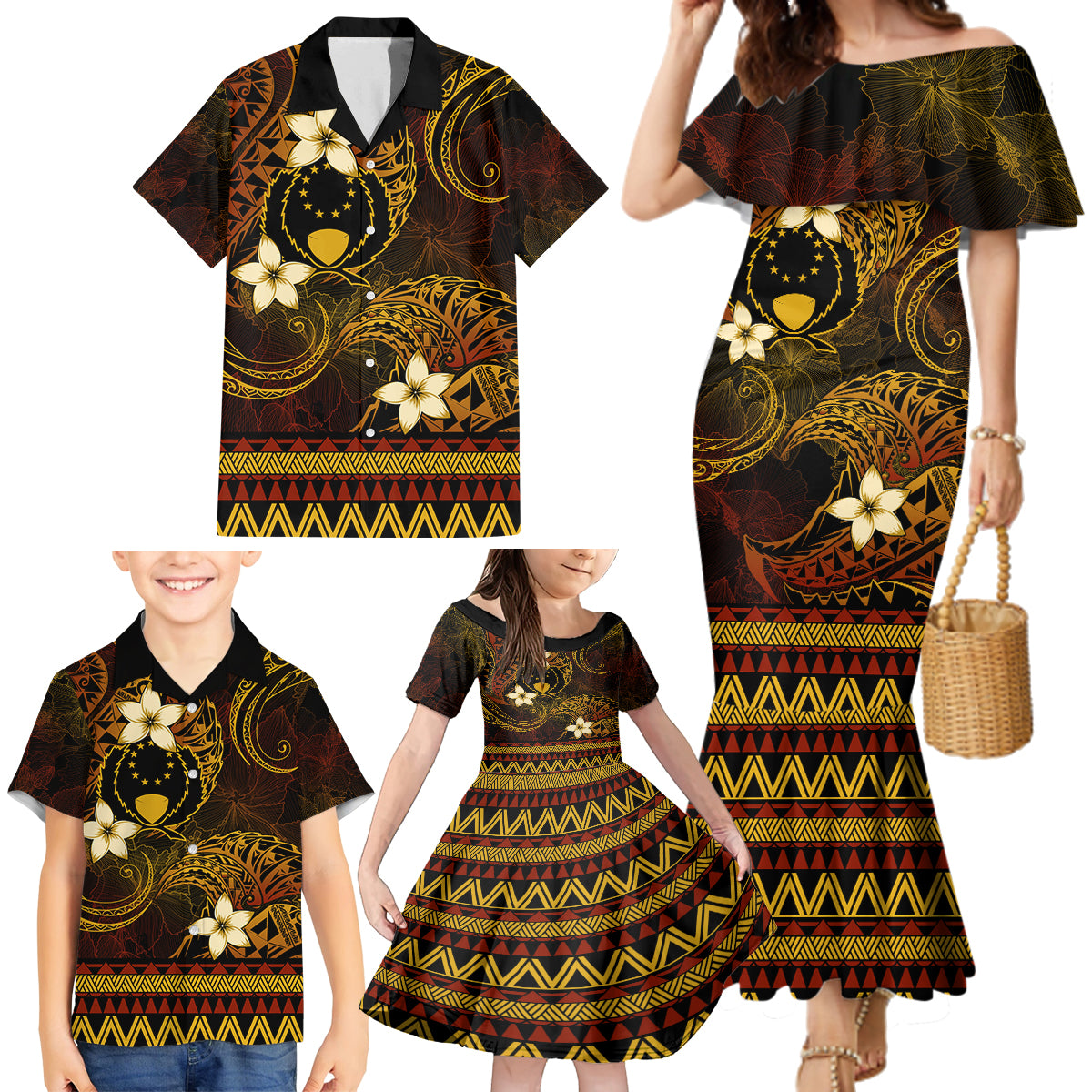 FSM Pohnpei State Family Matching Mermaid Dress and Hawaiian Shirt Tribal Pattern Gold Version LT01 - Polynesian Pride