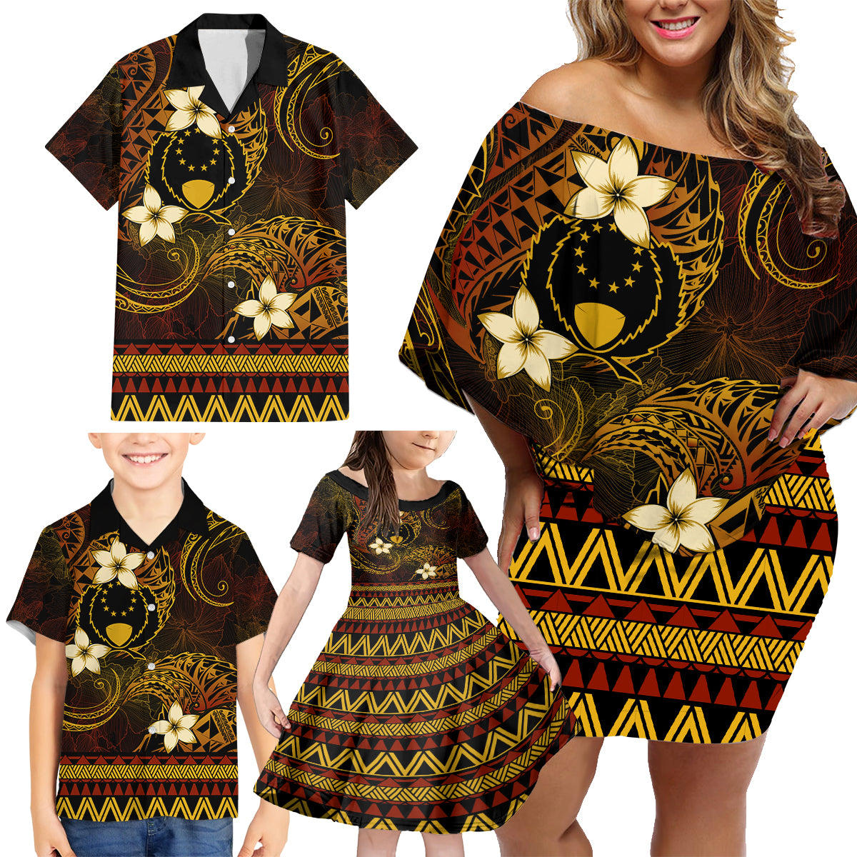 FSM Pohnpei State Family Matching Off Shoulder Short Dress and Hawaiian Shirt Tribal Pattern Gold Version LT01 - Polynesian Pride