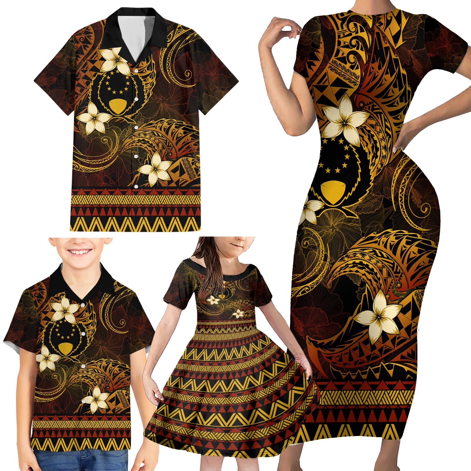 FSM Pohnpei State Family Matching Short Sleeve Bodycon Dress and Hawaiian Shirt Tribal Pattern Gold Version LT01 - Polynesian Pride