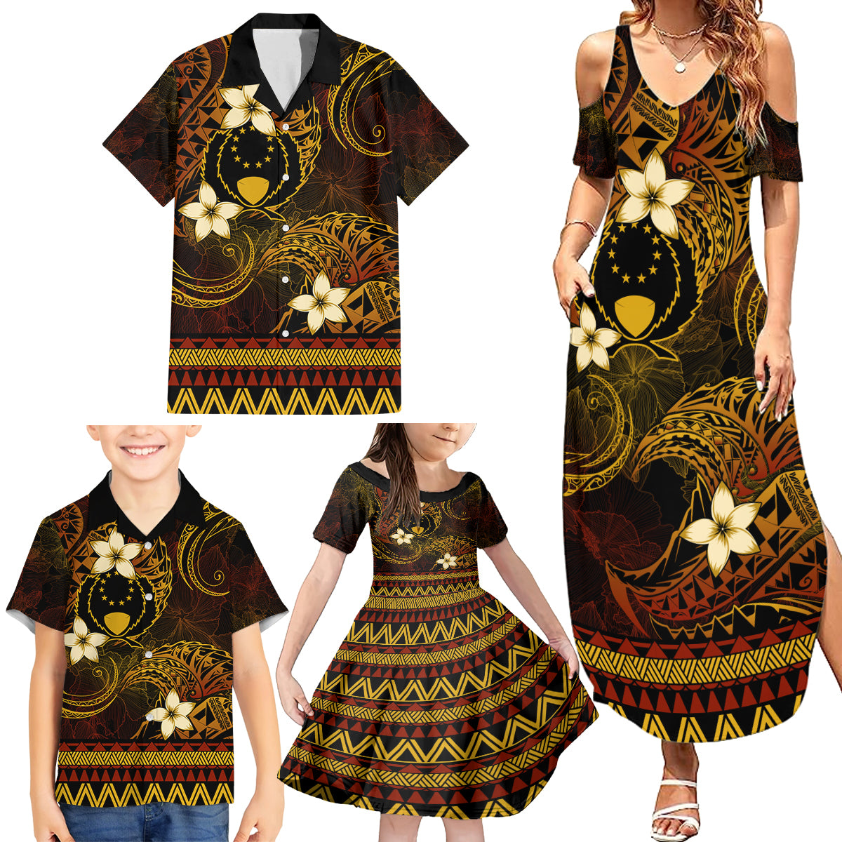 FSM Pohnpei State Family Matching Summer Maxi Dress and Hawaiian Shirt Tribal Pattern Gold Version LT01 - Polynesian Pride