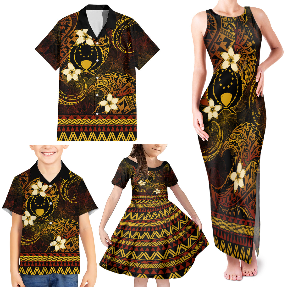 FSM Pohnpei State Family Matching Tank Maxi Dress and Hawaiian Shirt Tribal Pattern Gold Version LT01 - Polynesian Pride