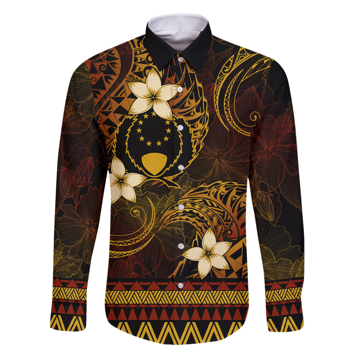 FSM Pohnpei State Family Matching Tank Maxi Dress and Hawaiian Shirt Tribal Pattern Gold Version LT01 Dad's Shirt - Long Sleeve Gold - Polynesian Pride