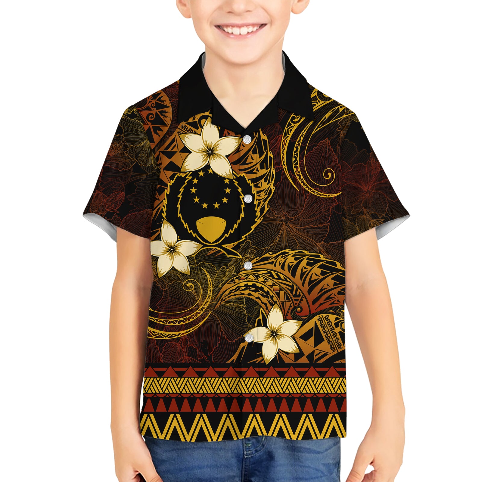 FSM Pohnpei State Kid Hawaiian Shirt Tribal Pattern Gold Version LT01 Kid Gold - Polynesian Pride