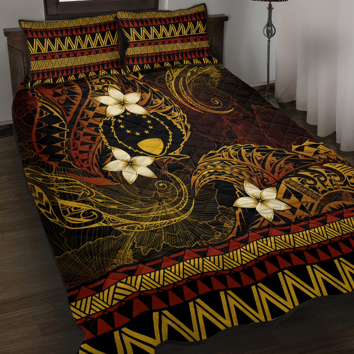 FSM Pohnpei State Quilt Bed Set Tribal Pattern Gold Version