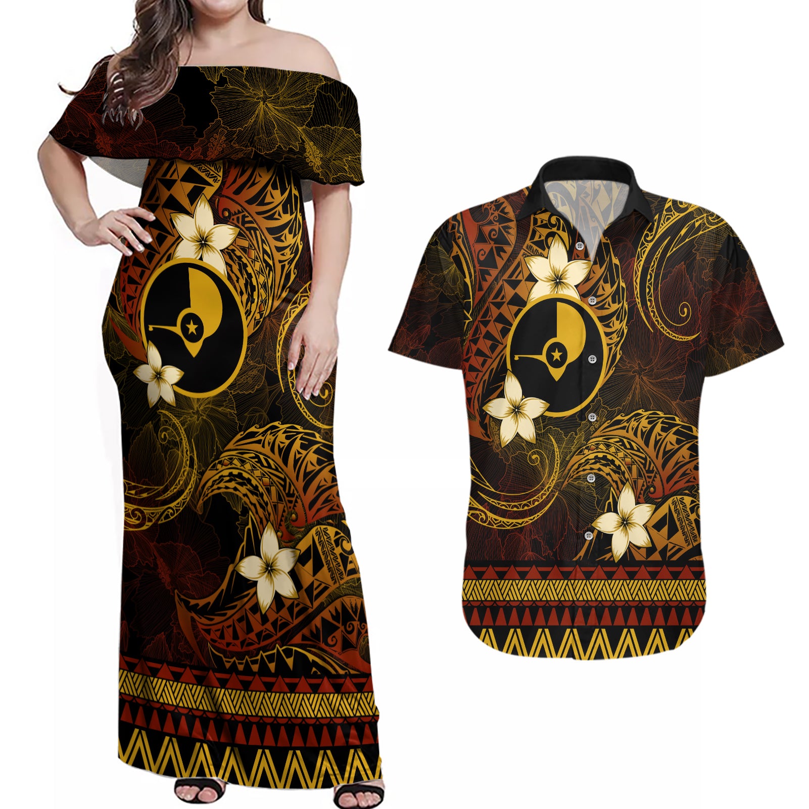 FSM Yap State Couples Matching Off Shoulder Maxi Dress and Hawaiian Shirt Tribal Pattern Gold Version LT01 Gold - Polynesian Pride