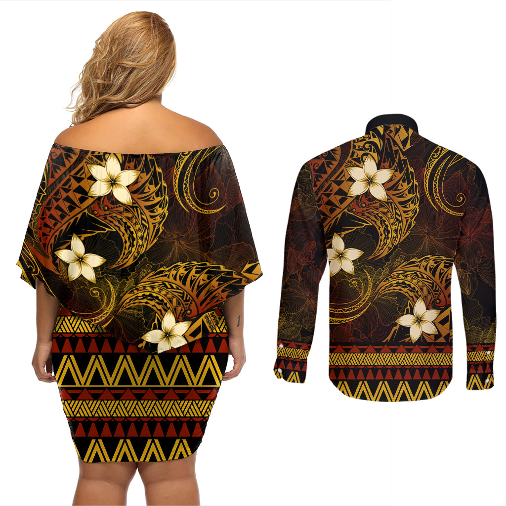 FSM Yap State Couples Matching Off Shoulder Short Dress and Long Sleeve Button Shirt Tribal Pattern Gold Version LT01 - Polynesian Pride