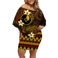 FSM Yap State Family Matching Off Shoulder Short Dress and Hawaiian Shirt Tribal Pattern Gold Version LT01 Mom's Dress Gold - Polynesian Pride