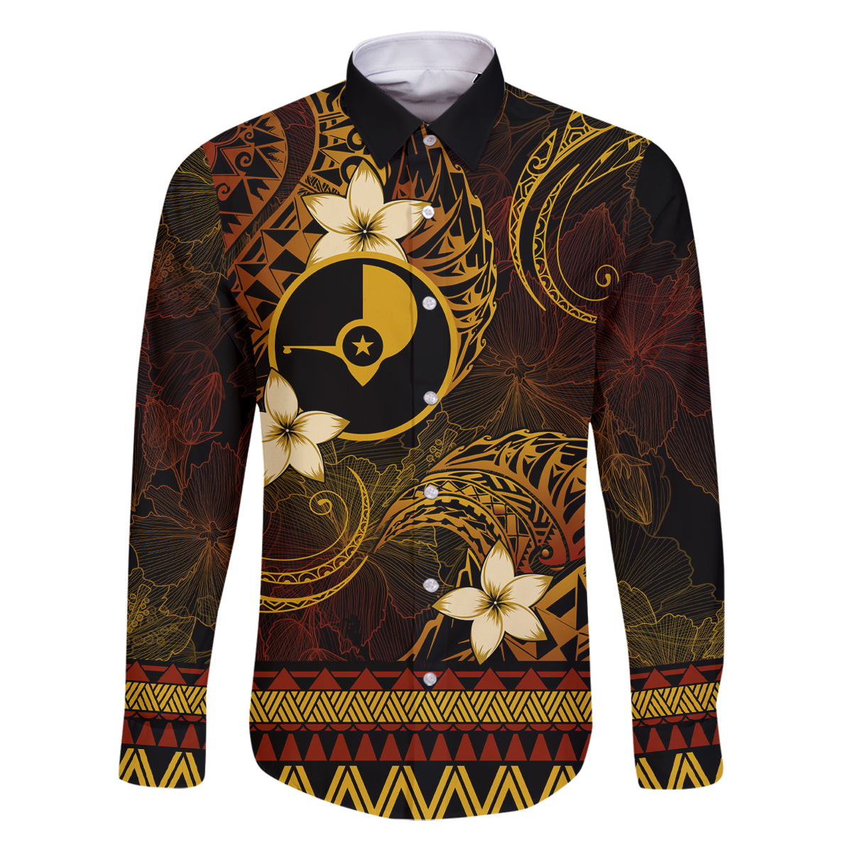 FSM Yap State Family Matching Puletasi and Hawaiian Shirt Tribal Pattern Gold Version LT01 Dad's Shirt - Long Sleeve Gold - Polynesian Pride