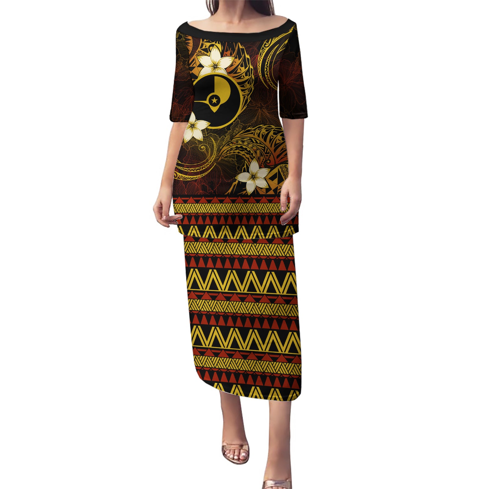 FSM Yap State Puletasi Tribal Pattern Gold Version LT01 Long Dress Gold - Polynesian Pride