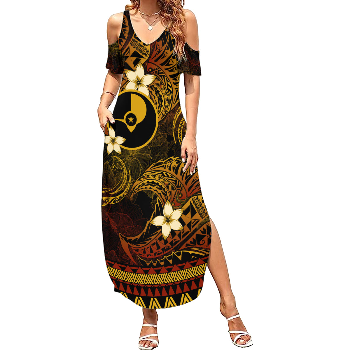 FSM Yap State Summer Maxi Dress Tribal Pattern Gold Version LT01 Women Gold - Polynesian Pride