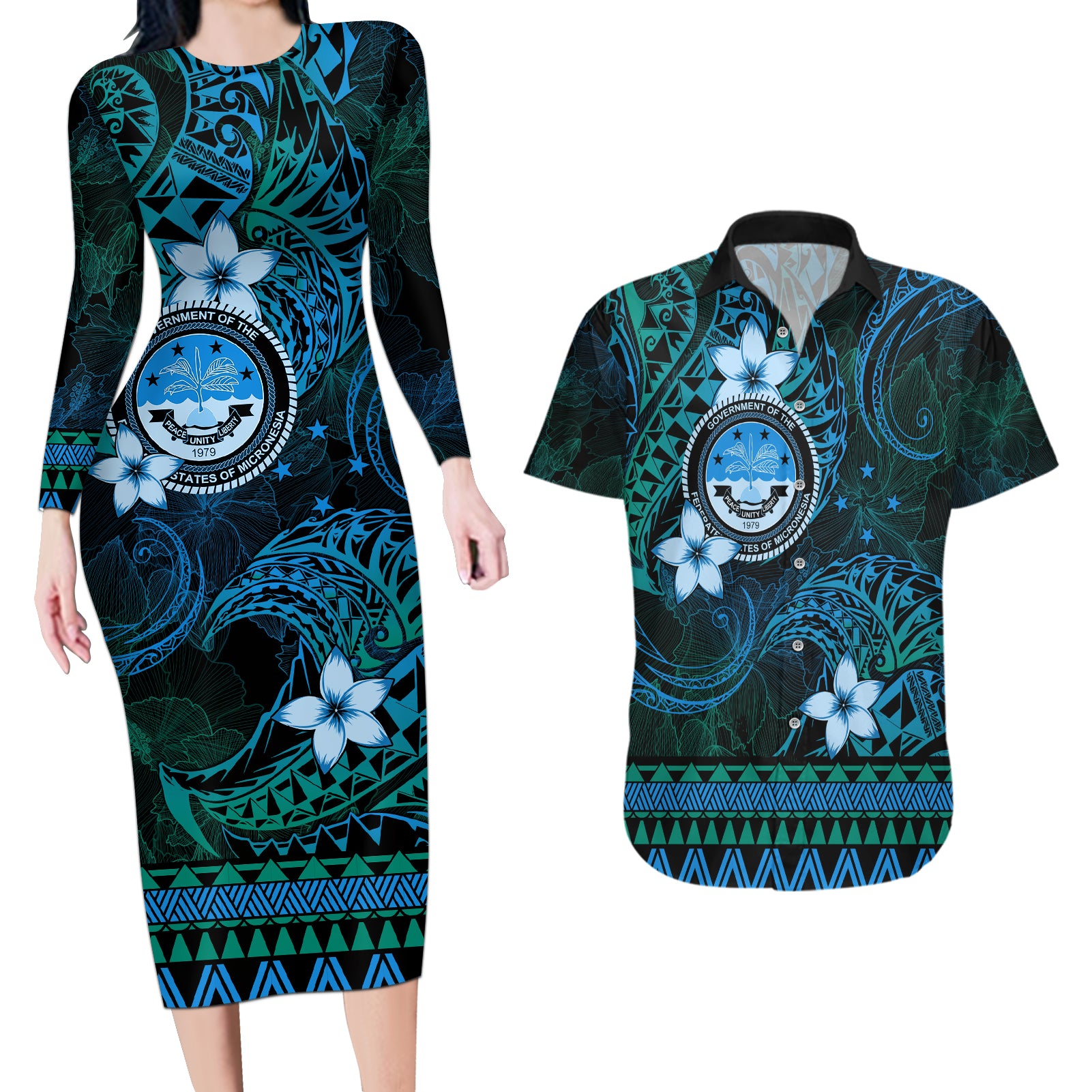 FSM Culture Day Couples Matching Long Sleeve Bodycon Dress and Hawaiian Shirt Tribal Pattern Ocean Version LT01 Blue - Polynesian Pride