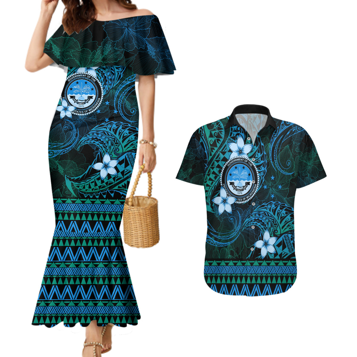 FSM Culture Day Couples Matching Mermaid Dress and Hawaiian Shirt Tribal Pattern Ocean Version LT01 Blue - Polynesian Pride