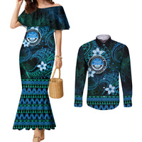FSM Culture Day Couples Matching Mermaid Dress and Long Sleeve Button Shirt Tribal Pattern Ocean Version LT01 Blue - Polynesian Pride