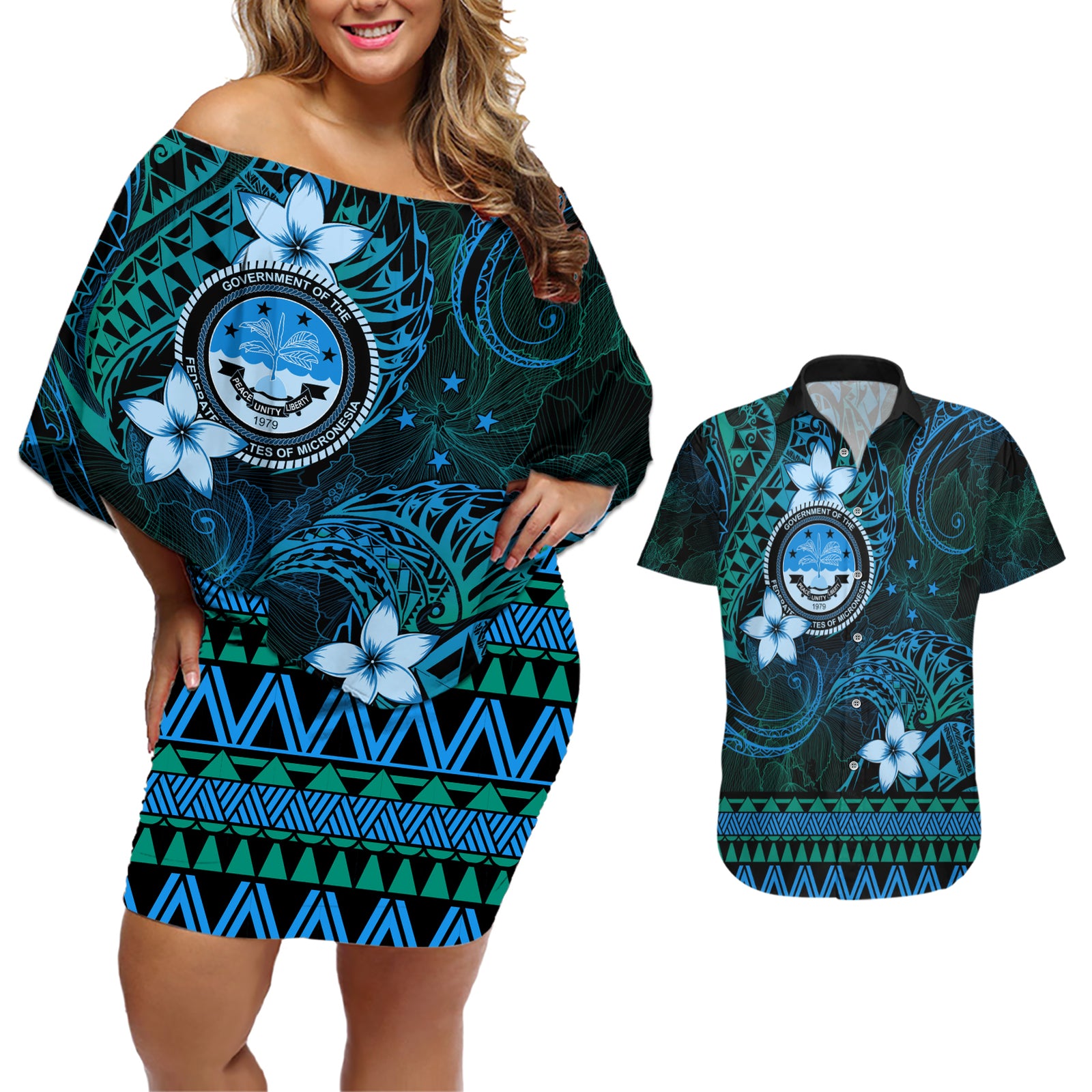 FSM Culture Day Couples Matching Off Shoulder Short Dress and Hawaiian Shirt Tribal Pattern Ocean Version LT01 Blue - Polynesian Pride
