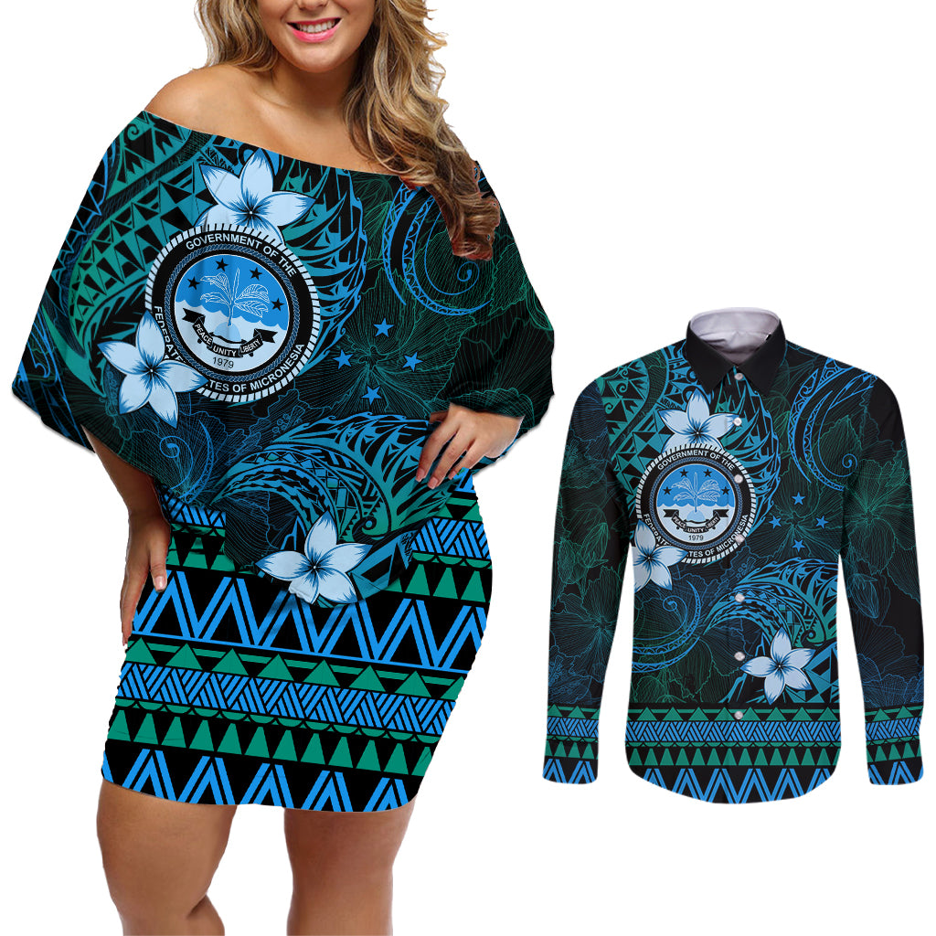 FSM Culture Day Couples Matching Off Shoulder Short Dress and Long Sleeve Button Shirt Tribal Pattern Ocean Version LT01 Blue - Polynesian Pride
