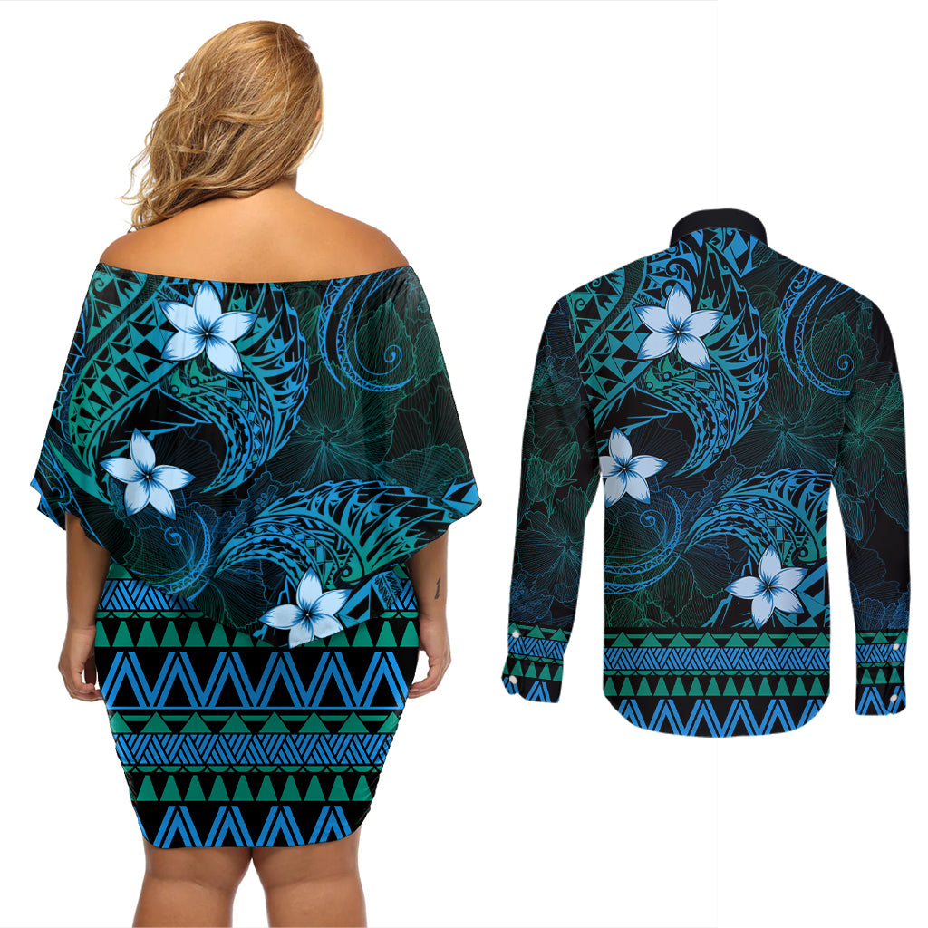 FSM Culture Day Couples Matching Off Shoulder Short Dress and Long Sleeve Button Shirt Tribal Pattern Ocean Version LT01 - Polynesian Pride