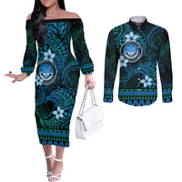 FSM Culture Day Couples Matching Off The Shoulder Long Sleeve Dress and Long Sleeve Button Shirt Tribal Pattern Ocean Version LT01 Blue - Polynesian Pride