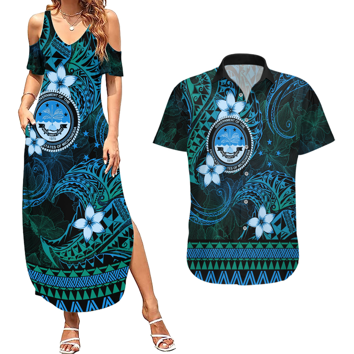 FSM Culture Day Couples Matching Summer Maxi Dress and Hawaiian Shirt Tribal Pattern Ocean Version LT01 Blue - Polynesian Pride