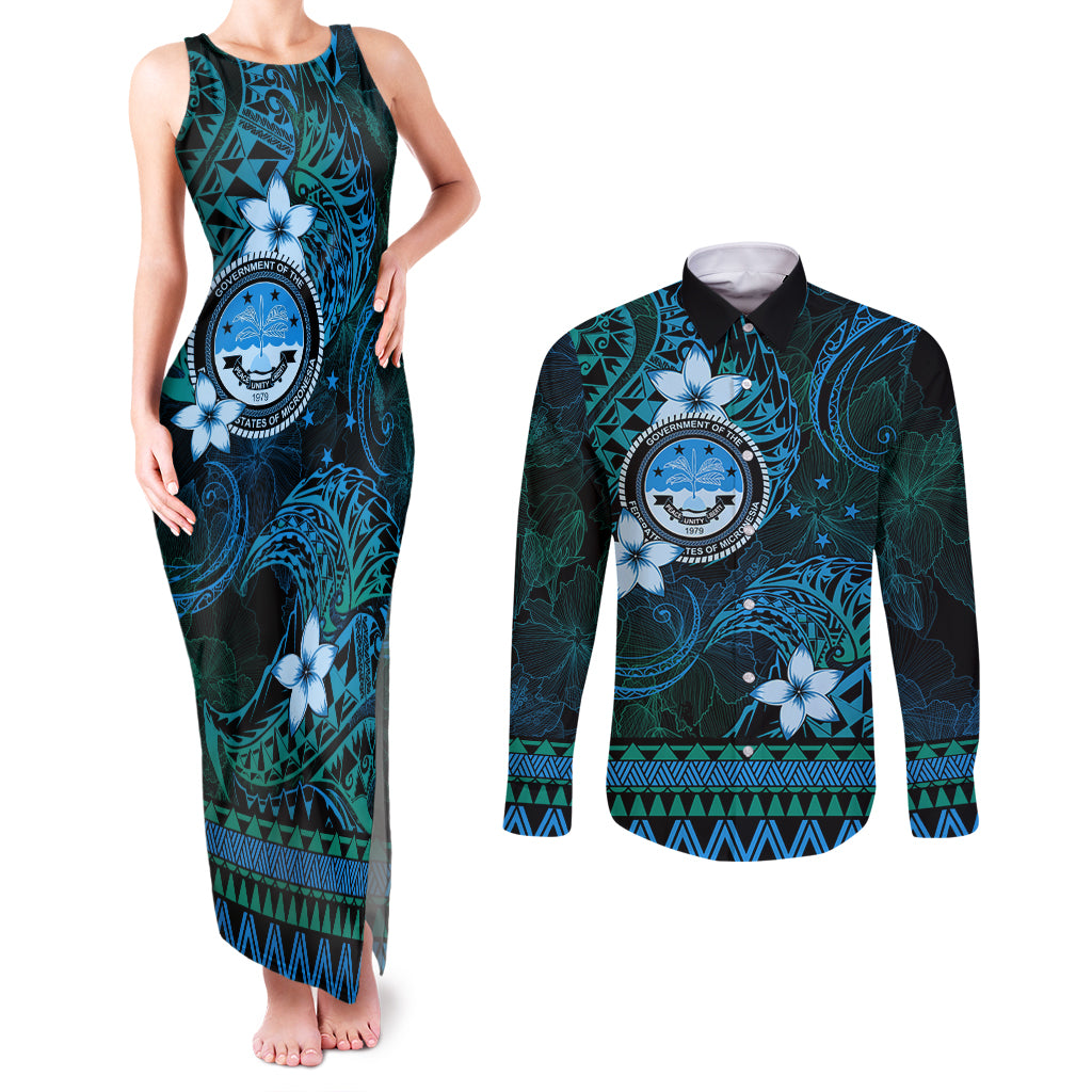 FSM Culture Day Couples Matching Tank Maxi Dress and Long Sleeve Button Shirt Tribal Pattern Ocean Version LT01 Blue - Polynesian Pride