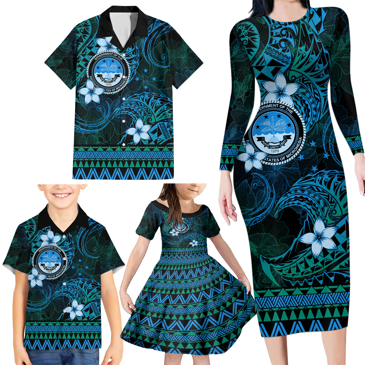 FSM Culture Day Family Matching Long Sleeve Bodycon Dress and Hawaiian Shirt Tribal Pattern Ocean Version LT01 - Polynesian Pride