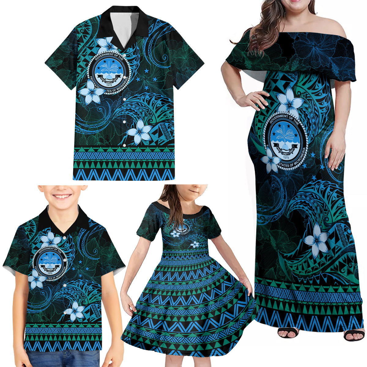 FSM Culture Day Family Matching Off Shoulder Maxi Dress and Hawaiian Shirt Tribal Pattern Ocean Version LT01 - Polynesian Pride