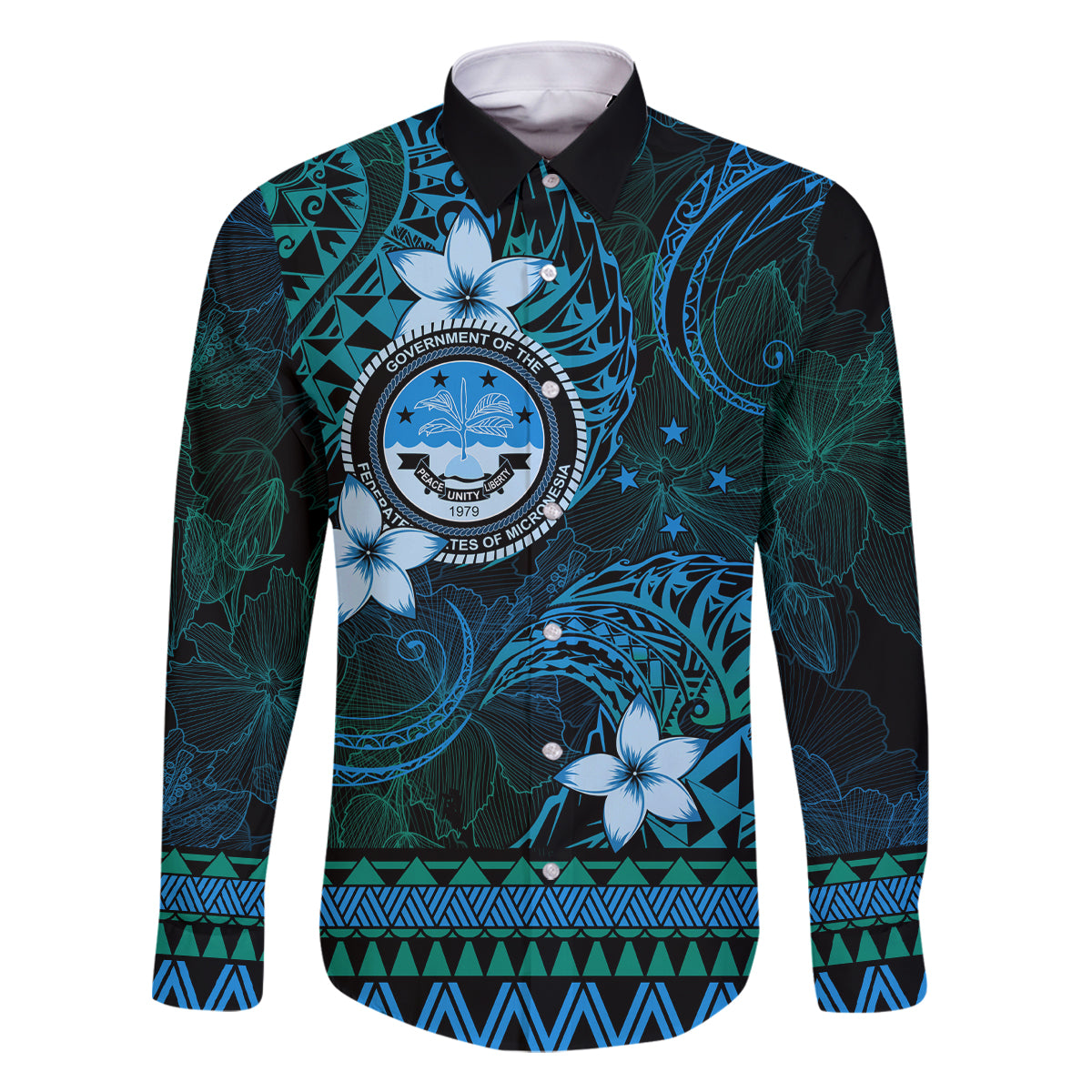 FSM Culture Day Family Matching Off Shoulder Short Dress and Hawaiian Shirt Tribal Pattern Ocean Version LT01 Dad's Shirt - Long Sleeve Blue - Polynesian Pride