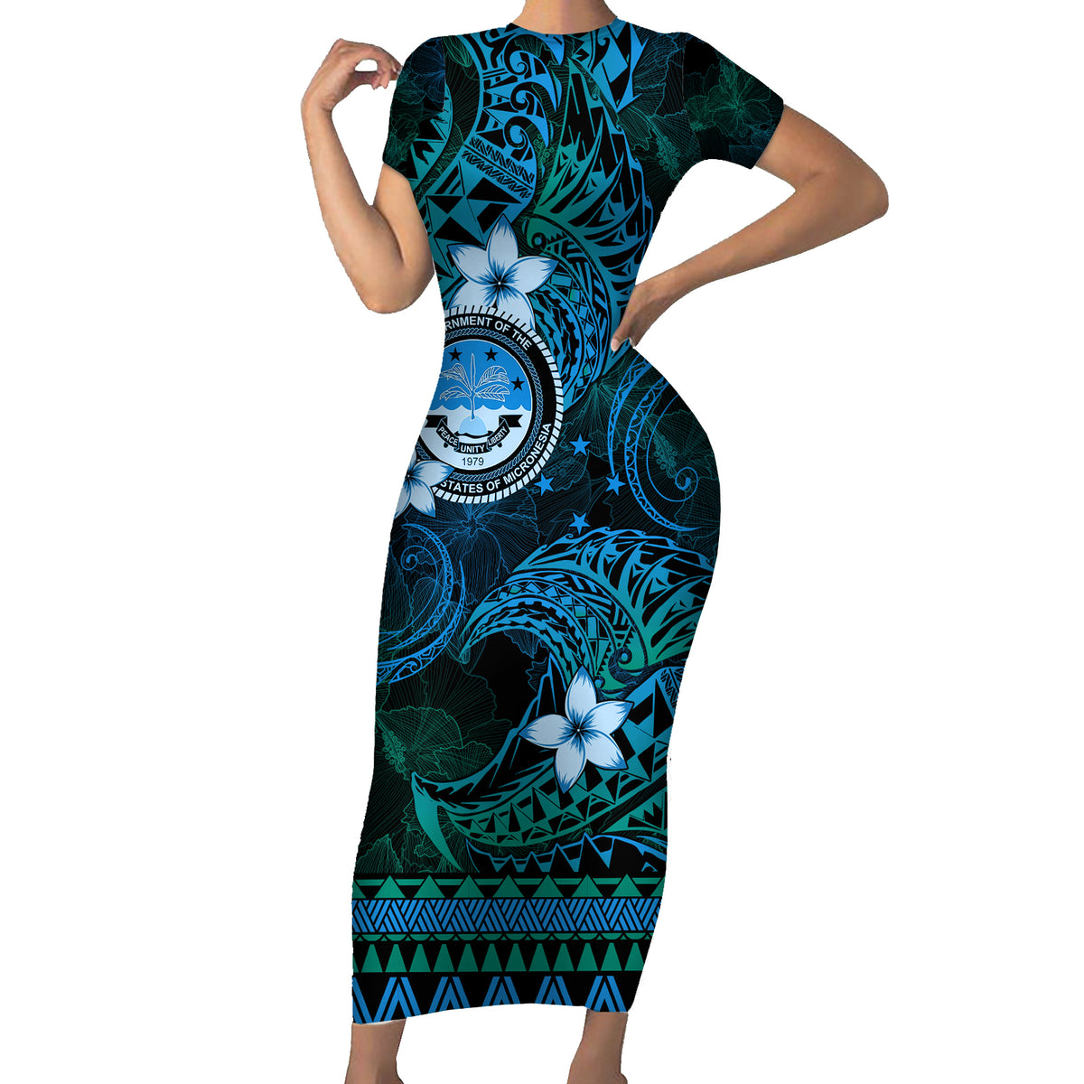 FSM Culture Day Family Matching Short Sleeve Bodycon Dress and Hawaiian Shirt Tribal Pattern Ocean Version LT01 Mom's Dress Blue - Polynesian Pride