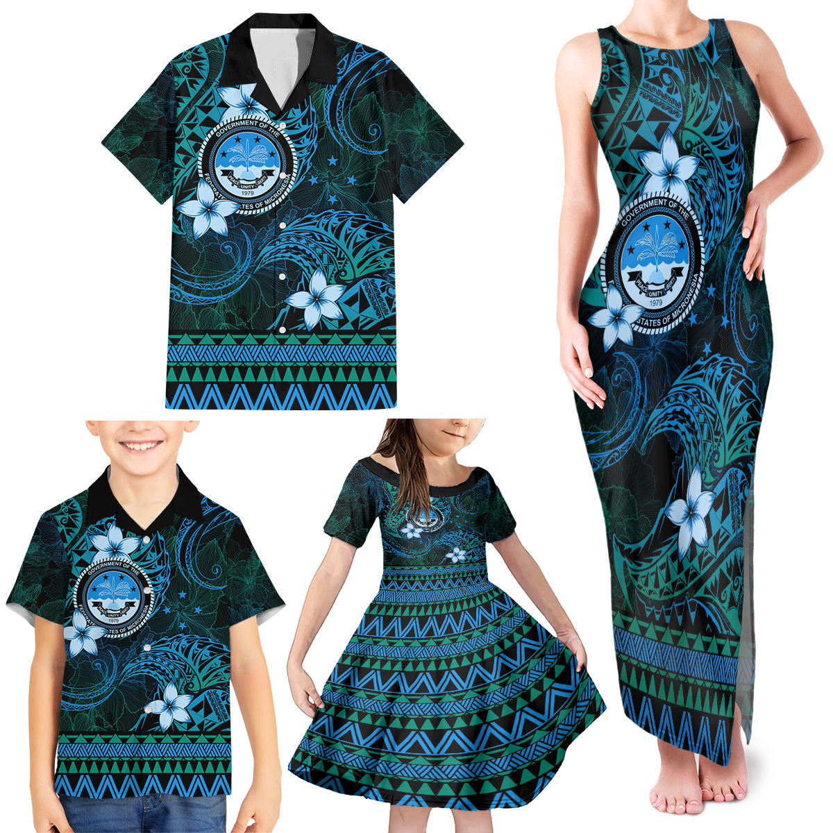 FSM Culture Day Family Matching Tank Maxi Dress and Hawaiian Shirt Tribal Pattern Ocean Version LT01 - Polynesian Pride