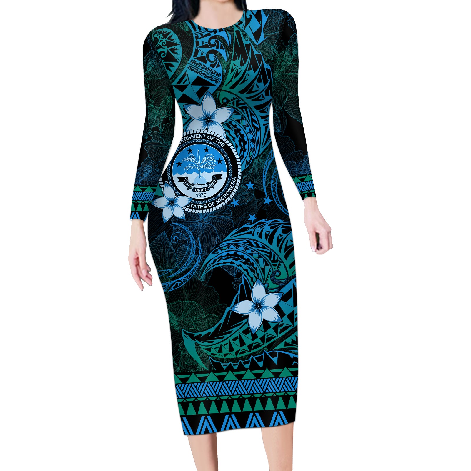 FSM Culture Day Long Sleeve Bodycon Dress Tribal Pattern Ocean Version LT01 Long Dress Blue - Polynesian Pride