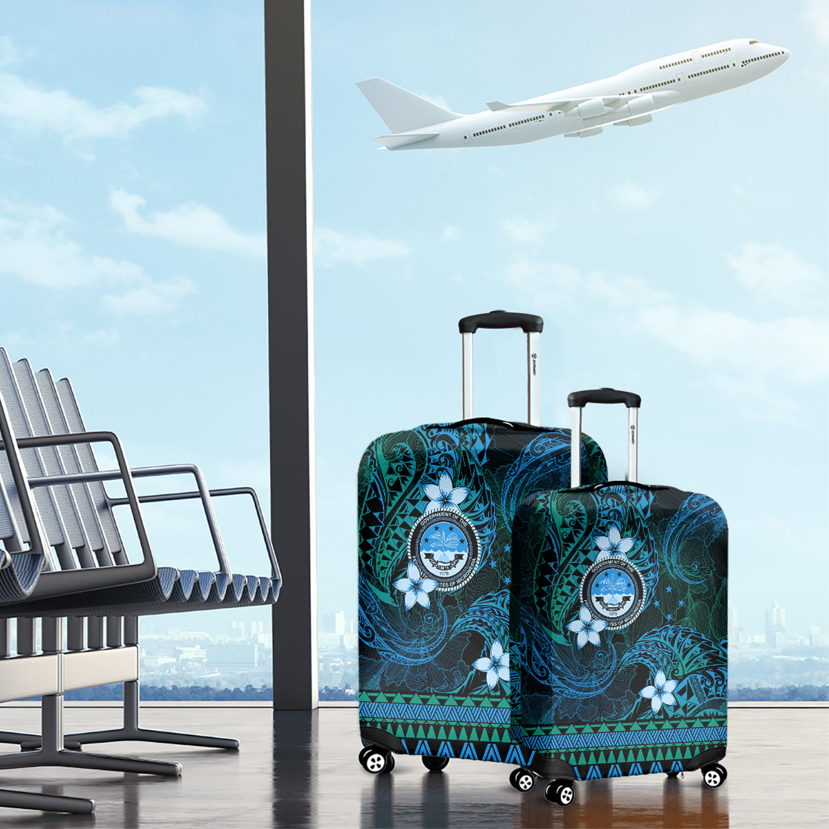 FSM Culture Day Luggage Cover Tribal Pattern Ocean Version