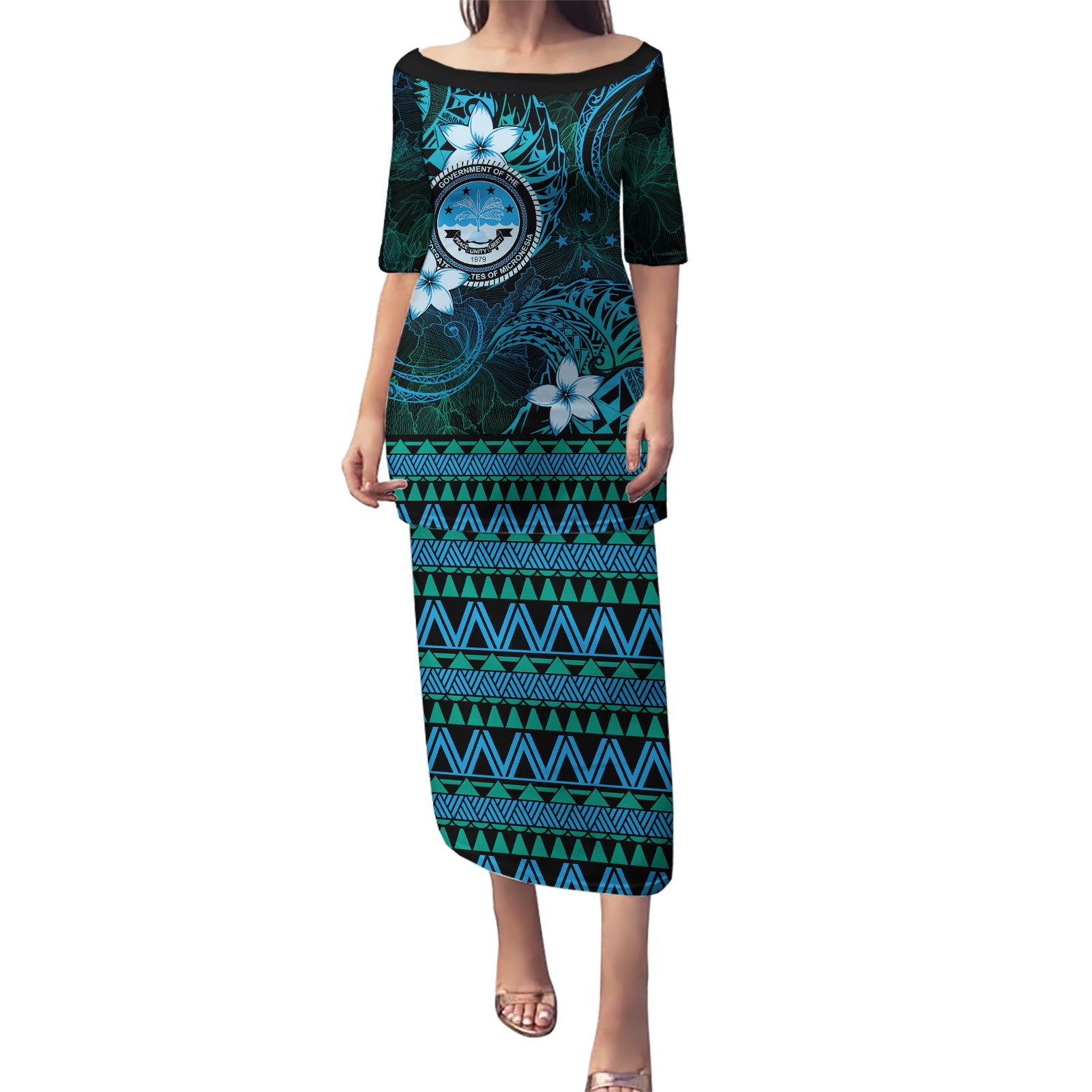 FSM Culture Day Puletasi Tribal Pattern Ocean Version LT01 Long Dress Blue - Polynesian Pride