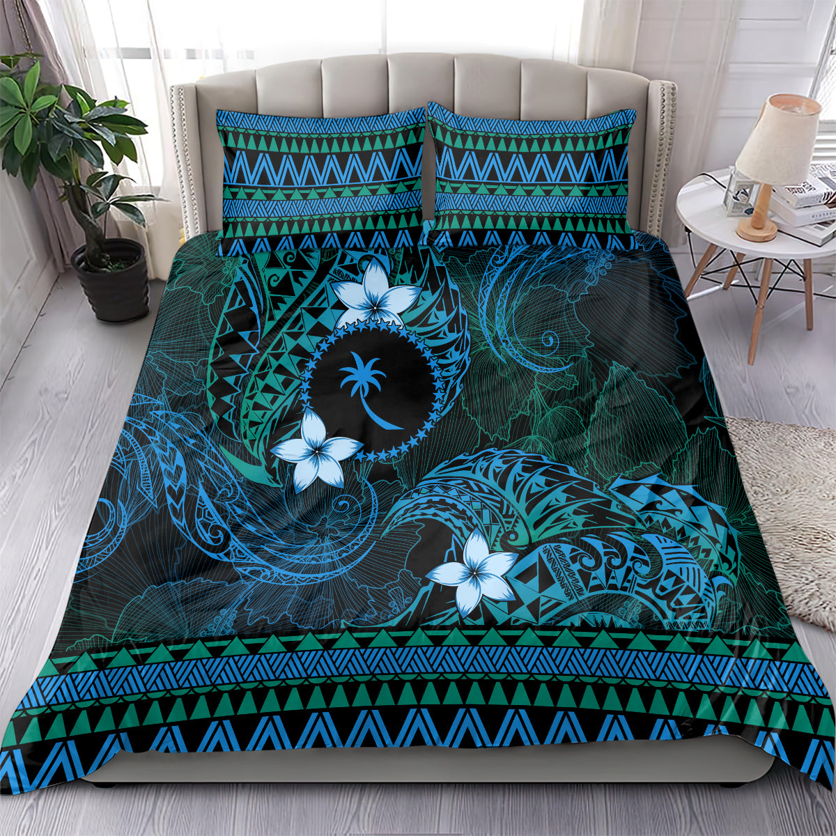 FSM Chuuk State Bedding Set Tribal Pattern Ocean Version