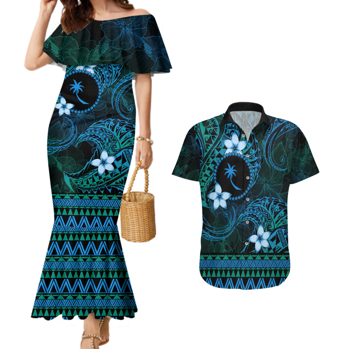 FSM Chuuk State Couples Matching Mermaid Dress and Hawaiian Shirt Tribal Pattern Ocean Version LT01 Blue - Polynesian Pride