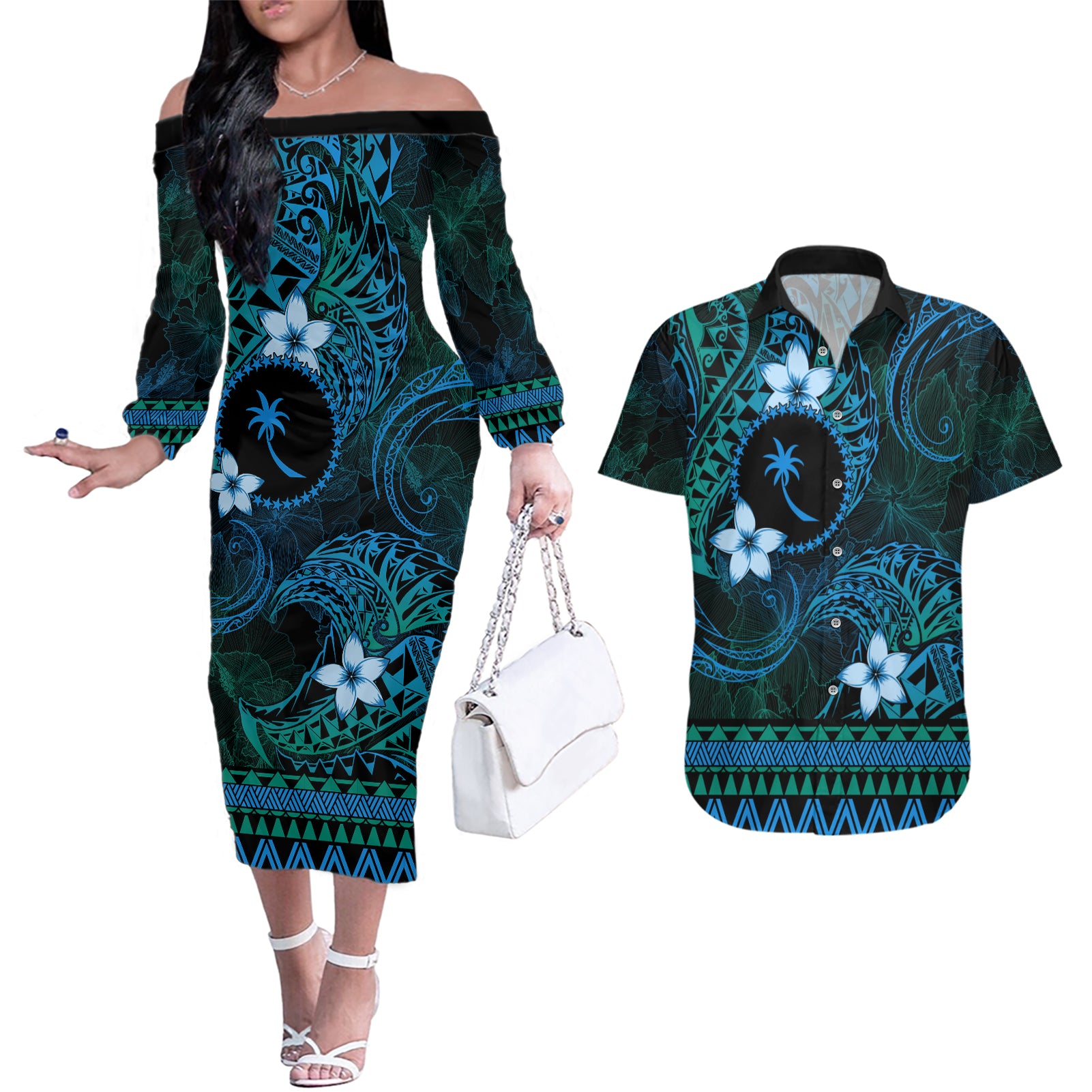 FSM Chuuk State Couples Matching Off The Shoulder Long Sleeve Dress and Hawaiian Shirt Tribal Pattern Ocean Version LT01 Blue - Polynesian Pride