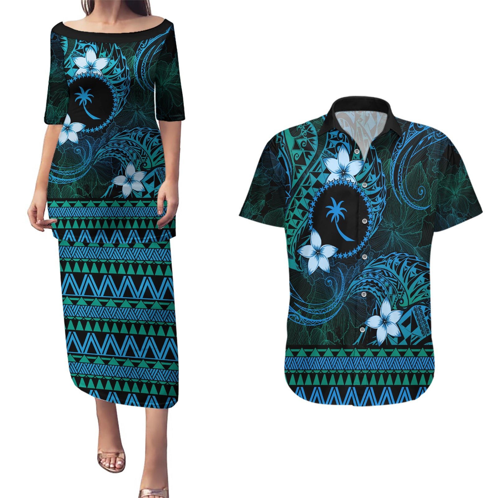 FSM Chuuk State Couples Matching Puletasi and Hawaiian Shirt Tribal Pattern Ocean Version LT01 Blue - Polynesian Pride