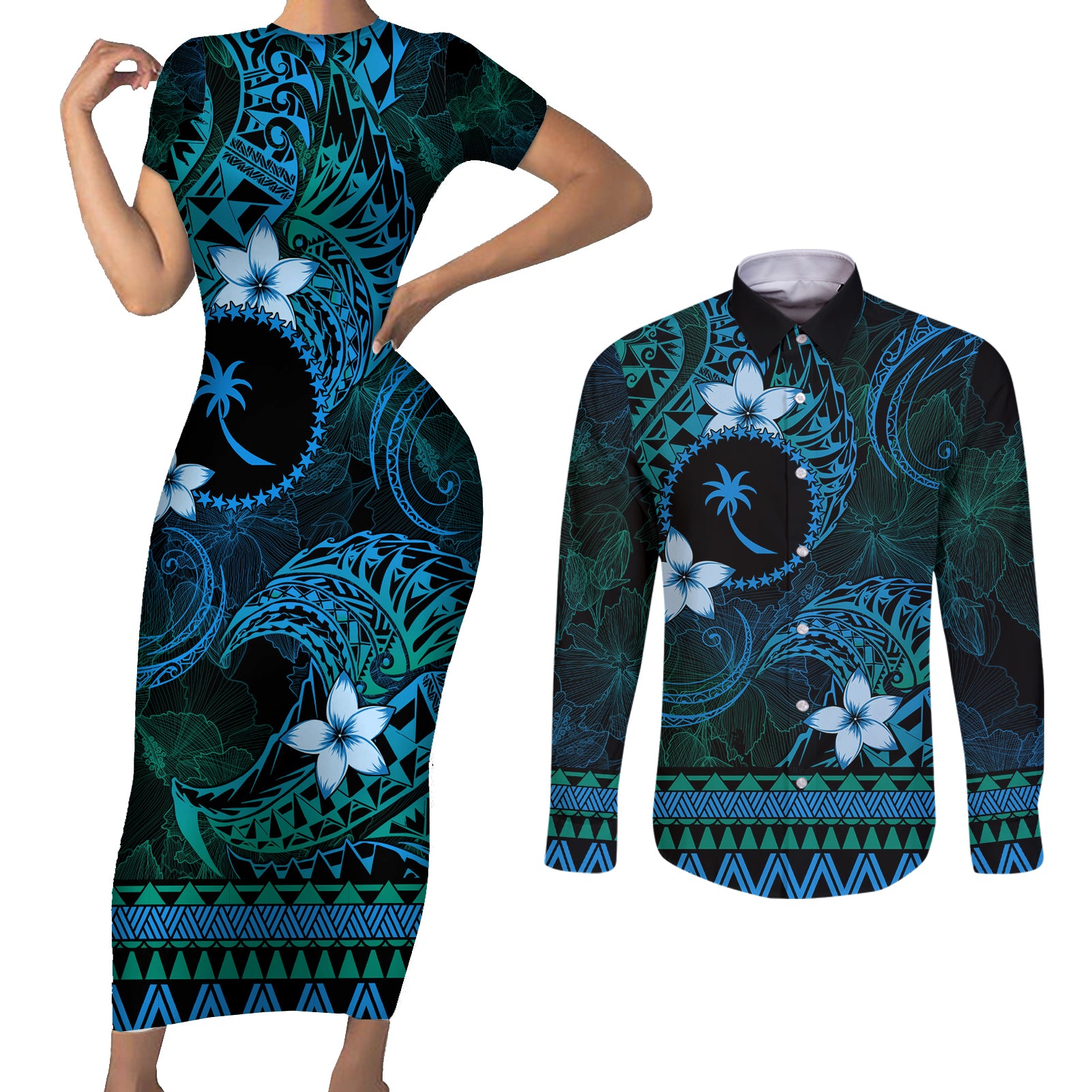 FSM Chuuk State Couples Matching Short Sleeve Bodycon Dress and Long Sleeve Button Shirt Tribal Pattern Ocean Version LT01 Blue - Polynesian Pride