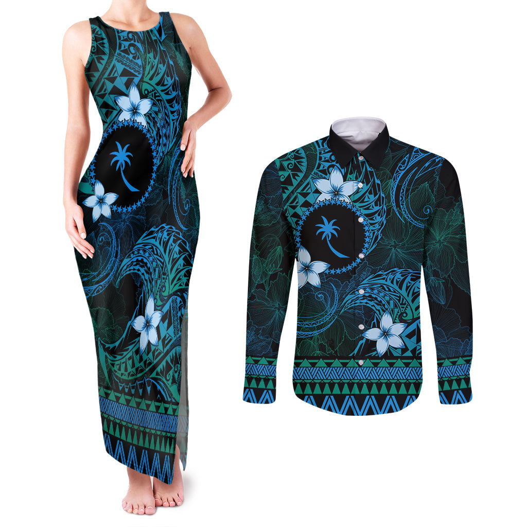 FSM Chuuk State Couples Matching Tank Maxi Dress and Long Sleeve Button Shirt Tribal Pattern Ocean Version LT01 Blue - Polynesian Pride