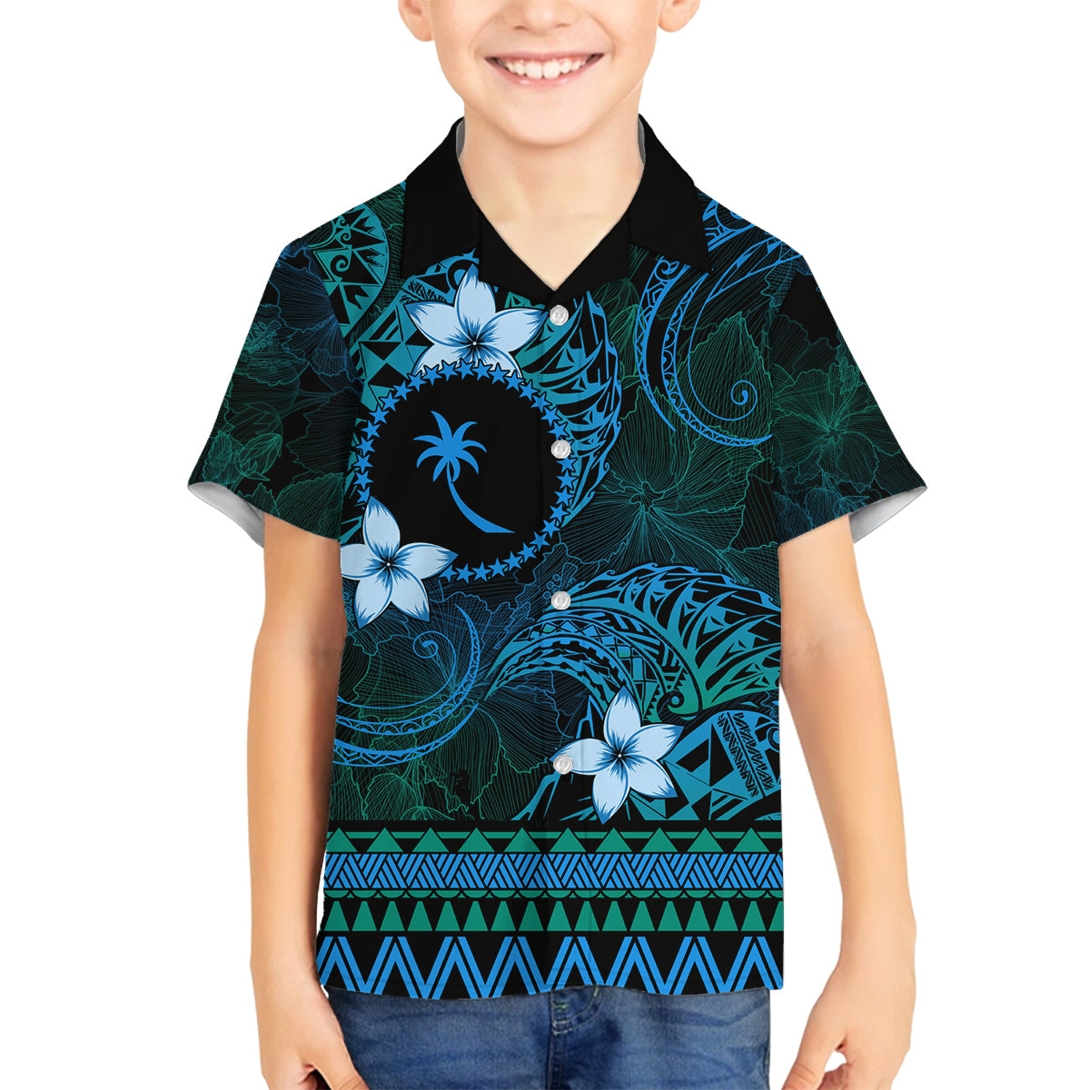FSM Chuuk State Family Matching Long Sleeve Bodycon Dress and Hawaiian Shirt Tribal Pattern Ocean Version LT01 Son's Shirt Blue - Polynesian Pride