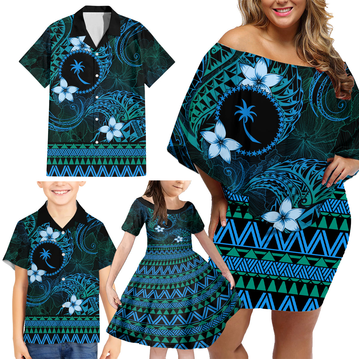 FSM Chuuk State Family Matching Off Shoulder Short Dress and Hawaiian Shirt Tribal Pattern Ocean Version LT01 - Polynesian Pride