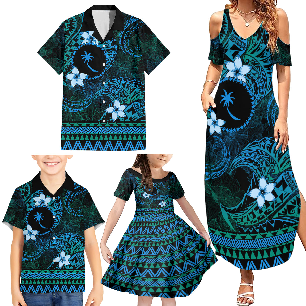 FSM Chuuk State Family Matching Summer Maxi Dress and Hawaiian Shirt Tribal Pattern Ocean Version LT01 - Polynesian Pride