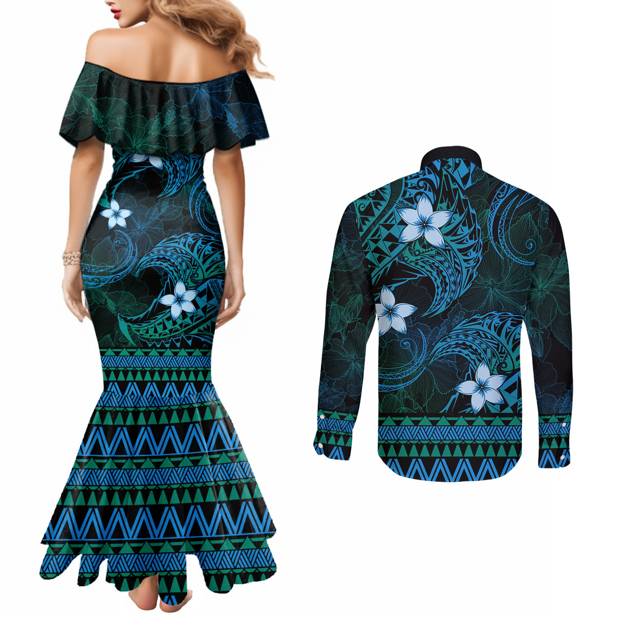 FSM Kosrae State Couples Matching Mermaid Dress and Long Sleeve Button Shirt Tribal Pattern Ocean Version LT01 - Polynesian Pride