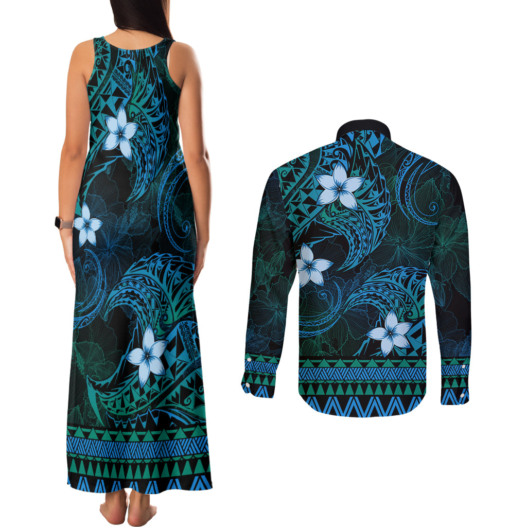 FSM Kosrae State Couples Matching Tank Maxi Dress and Long Sleeve Button Shirt Tribal Pattern Ocean Version LT01 - Polynesian Pride
