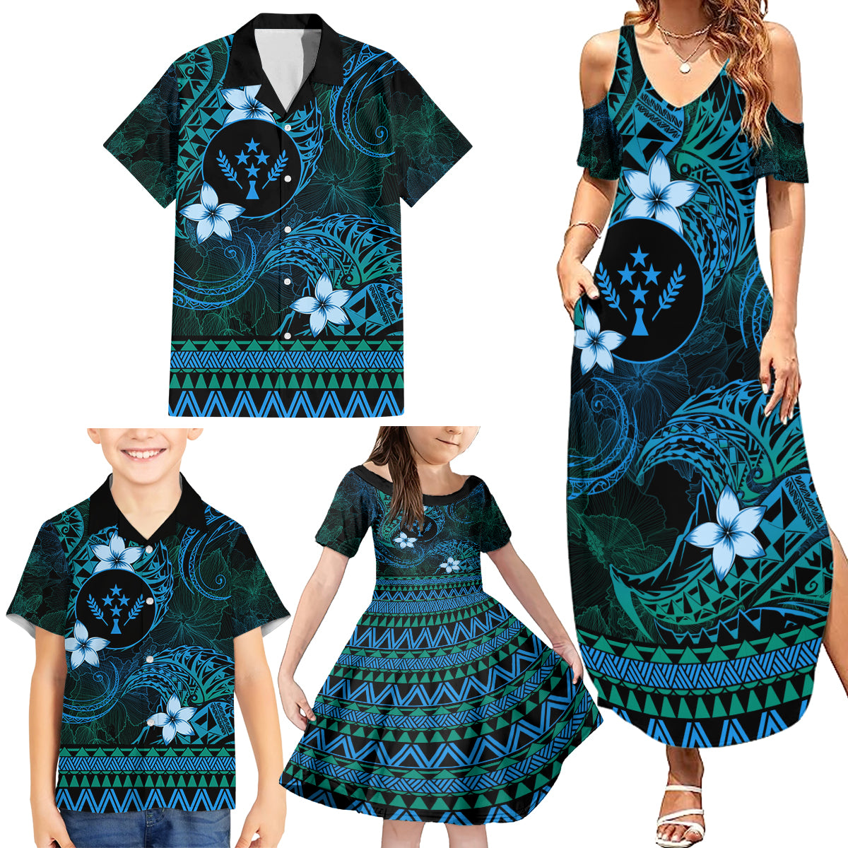 FSM Kosrae State Family Matching Summer Maxi Dress and Hawaiian Shirt Tribal Pattern Ocean Version LT01 - Polynesian Pride